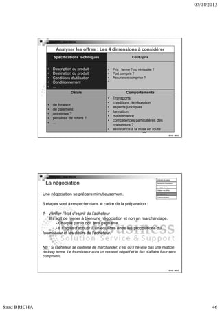07/04/2013

Copyright : Saad Bricha

Analyser les offres : Les 4 dimensions à considérer
Spécifications techniques
•
•
•
•
•

Description du produit
Destination du produit
Conditions d'utilisation
Conditionnement
...

Coût / prix

•
•
•
•

Prix : ferme ? ou révisable ?
Port compris ?
Assurance comprise ?

Délais
•
•
•
•
•

de livraison
de paiement
astreintes ?
pénalités de retard ?
...

Comportements
•
•
•
•
•
•
•

Transports
conditions de réception
aspects juridiques
formation
maintenance
compétences particulières des
opérateurs ?
assistance à la mise en route
93

2012 - 2013

Copyright : Saad Bricha
Définition du besoin

La négociation

Recherche Fournsseur
Lct appel d’offre
Analyse des offres

Une négociation se prépare minutieusement.

La négociation
Contractualisation

6 étapes sont à respecter dans le cadre de la préparation :
1- Vérifier l’état d’esprit de l’acheteur
Il s’agit de mener à bien une négociation et non un marchandage.
- Chaque partie doit être gagnante.
- Il s’agira d’aboutir à un équilibre entre les propositions du
fournisseur et les désirs de l’acheteur.

NB : Si l’acheteur se contente de marchander, c’est qu’il ne vise pas une relation
de long terme. Le fournisseur aura un ressenti négatif et le flux d’affaire futur sera
compromis.

2012 - 2013

Saad BRICHA

46

 