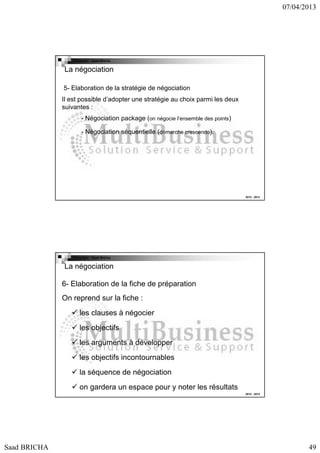 07/04/2013

Copyright : Saad Bricha

La négociation
5- Elaboration de la stratégie de négociation
Il est possible d’adopter une stratégie au choix parmi les deux
suivantes :
- Négociation package (on négocie l’ensemble des points)
- Négociation séquentielle (démarche crescendo).

2012 - 2013

Copyright : Saad Bricha

La négociation
6- Elaboration de la fiche de préparation
On reprend sur la fiche :
les clauses à négocier
les objectifs
les arguments à développer
les objectifs incontournables
la séquence de négociation
on gardera un espace pour y noter les résultats
2012 - 2013

Saad BRICHA

49

 