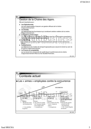 07/04/2013

Copyright : Saad Bricha

Gestion de la Chaine des Appro.
Elle est importante pour :
Les Opérationnels,
qui sont responsables d’assurer une gestion efficace de la chaîne
d’approvisionnement.
Les Achats,
qui sélectionnent les fournisseurs qui constituent certains maillons de la chaîne
d’approvisionnement .
Le Système d’information,
qui crée les systèmes permettant la circulation des flux d’informations essentiels à
l’efficacité de la chaîne d’approvisionnement.
Le Marketing,
qui compte sur la chaîne d’approvisionnement pour assurer un bon service aux
clients.
La Distribution,
qui sélectionne les modes de transport appropriés pour assurer le transit au sein de
la chaîne d’approvisionnement.
La Finance et comptabilité,
qui se doivent de comprendre de quelle façon la performance de la chaîne
d’approvisionnement influe sur les résultats financiers.
2012 - 2013

Copyright : Saad Bricha

Contexte actuel
Les « armes » employées contre la concurrence
EXCEDENTS

Aujourd’hui
1975
1ère « arme »
LE PRIX

2ème « arme »
LA QUALITE

3ème « arme »
LE DELAI

Époque :
-du coût de revient
- de la productivité

Époque :
- des cercles de qualité
- de l’assurance qualité
- de la qualité totale
=> du qualiticien

Époque :
-de la maîtrise des flux
- de la « chaîne de
valeur »
=> du logisticien

-=> du contrôleur
de gestion

4ème « arme »
LA SECURITE
& ENVIRONNEMT
Époque :
-Sécurité des moyens
-sécurité des RH
- environnement
=> Du Comité Hygiène
& Sécurité
2012 - 2013

Saad BRICHA

5

 