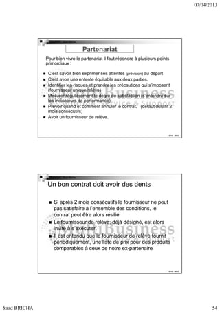 07/04/2013

Copyright : Saad Bricha

Partenariat
Pour bien vivre le partenariat il faut répondre à plusieurs points
primordiaux :
C’est savoir bien exprimer ses attentes (prévision) au départ
C’est avoir une entente équitable aux deux parties.
Identifier les risques et prendre les précautions qui s’imposent
(fournisseur unique/relève)
Mesurer régulièrement le degré de satisfaction (s’entendre sur
les indicateurs de performance)
Prévoir quand et comment annuler le contrat. (défaut durant 2
mois consécutifs)
Avoir un fournisseur de relève.

2012 - 2013

Copyright : Saad Bricha

Un bon contrat doit avoir des dents
Si après 2 mois consécutifs le fournisseur ne peut
pas satisfaire à l’ensemble des conditions, le
contrat peut être alors résilié.
Le fournisseur de relève, déjà désigné, est alors
invité à s’exécuter.
Il est entendu que le fournisseur de relève fournit
périodiquement, une liste de prix pour des produits
comparables à ceux de notre ex-partenaire

2012 - 2013

Saad BRICHA

54

 
