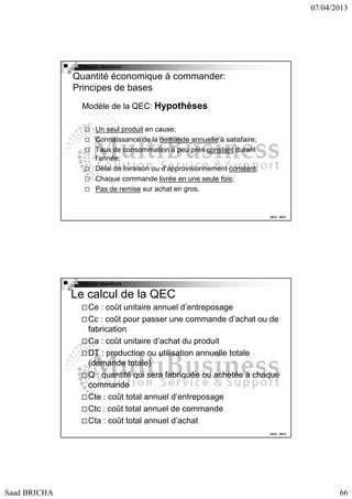 07/04/2013

Copyright : Saad Bricha

Quantité économique à commander:
Principes de bases
Modèle de la QEC: Hypothèses
Un seul produit en cause;
Connaissance de la demande annuelle à satisfaire;
Taux de consommation à peu près constant durant
l’année;
Délai de livraison ou d’approvisionnement constant;
Chaque commande livrée en une seule fois;
Pas de remise sur achat en gros.

2012 - 2013

Copyright : Saad Bricha

Le calcul de la QEC
Ce : coût unitaire annuel d’entreposage
Cc : coût pour passer une commande d’achat ou de
fabrication
Ca : coût unitaire d’achat du produit
DT : production ou utilisation annuelle totale
(demande totale)
Q : quantité qui sera fabriquée ou achetée à chaque
commande
Cte : coût total annuel d’entreposage
Ctc : coût total annuel de commande
Cta : coût total annuel d’achat
2012 - 2013

Saad BRICHA

66

 