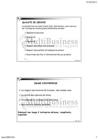 07/04/2013

Copyright : Saad Bricha

QUALITE DE SERVICE
La satisfaction du client (client final, distributeur, autre service
de l ’entreprise cliente) prend différentes formes :
Rapidité d’exécution
Régularité
Flexibilité
Respect des délais des livraisons
Respect des qualités intrinsèques du produit
Exactitude des flux d ’informations liés aux produits
….
2012 - 2013

Copyright : Saad Bricha

IMAGE D’ENTREPRISE
Le respect des horaires de livraison, des rendez-vous
La rareté des ruptures de stock,
Un minimum de livraisons non conformes
Des contacts humains agréables

Induisent une image d ’entreprise sérieuse, compétente,
organisée
2012 - 2013

Saad BRICHA

7

 