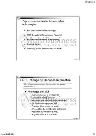 07/04/2013

Copyright : Saad Bricha

L’approvisionnement et les nouvelles
technologies
ÉDI (Data Information Exchange)
MRP 2 ( Material Requirement Planning)
ERP (Entreprise Ressource Planning)
Codes à barres
Internet (courrier électronique, site WEB)

2012 - 2013

Copyright : Saad Bricha

EDI : Echange de Données Informatisé
EDI : « Transmission directe d’information par réseau
électronique ».

Avantages de l’EDI
- Augmentation de la productivité
- Élimination de la paperasse
- Réduction des temps de mise en course
- Facilitation des systèmes JAT
- Transfert électronique de fonds
- Amélioration du contrôle des opérations
- Réduction du travail de bureau
- Augmentation de la précision
2012 - 2013

Saad BRICHA

71

 