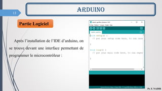 13
Partie Logiciel
Après l’installation de l’IDE d’arduino, on
se trouve devant une interface permettant de
programmer le microcontrôleur :
ARDUINO
Pr. F. NADIR
 