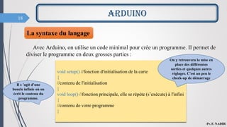 18
Avec Arduino, on utilise un code minimal pour crée un programme. Il permet de
diviser le programme en deux grosses parties :
ARDUINO
Pr. F. NADIR
La syntaxe du langage
void setup() //fonction d'initialisation de la carte
{
//contenu de l'initialisation
}
void loop() //fonction principale, elle se répète (s’exécute) à l'infini
{
//contenu de votre programme
}
On y retrouvera la mise en
place des différentes
sorties et quelques autres
réglages. C'est un peu le
check-up de démarrage
Il s ’agit d’une
boucle infinie où on
écrit le contenu du
programme.
 