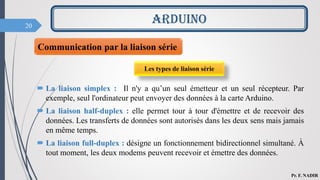 20
 La liaison simplex : Il n'y a qu’un seul émetteur et un seul récepteur. Par
exemple, seul l'ordinateur peut envoyer des données à la carte Arduino.
 La liaison half-duplex : elle permet tour à tour d'émettre et de recevoir des
données. Les transferts de données sont autorisés dans les deux sens mais jamais
en même temps.
 La liaison full-duplex : désigne un fonctionnement bidirectionnel simultané. À
tout moment, les deux modems peuvent recevoir et émettre des données.
ARDUINO
Pr. F. NADIR
Communication par la liaison série
Les types de liaison série
 