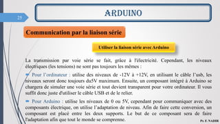 25
ARDUINO
Pr. F. NADIR
Communication par la liaison série
Utiliser la liaison série avec Arduino
La transmission par voie série se fait, grâce à l'électricité. Cependant, les niveaux
électriques (les tensions) ne sont pas toujours les mêmes :
 Pour l’ordinateur : utilise des niveaux de -12V à +12V, en utilisant le câble l’usb, les
niveaux seront donc toujours du5V maximum. Ensuite, un composant intégré à Arduino se
chargera de simuler une voie série et tout devient transparent pour votre ordinateur. Il vous
suffit donc juste d'utiliser le câble USB et de le relier.
 Pour Arduino : utilise les niveaux de 0 ou 5V, cependant pour communiquer avec des
composants électrique, on utilise l’adaptation de niveau. Afin de faire cette conversion, un
composant est placé entre les deux supports. Le but de ce composant sera de faire
l'adaptation afin que tout le monde se comprenne.
 