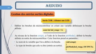 34
ARDUINO
Pr. F. NADIR
1. Définir les broches du microcontrôleur en créant une variable définissant la broche
utilisée.
2. Au niveau de la fonction setup(), à l’aide de la fonction pinMode(), définir la broche
utilisée en sortie du microcontrôleur. Cette fonction prend en paramètre :
• Le nom de la variable que l'on a défini à la broche.
• Le type de broche que cela va être (entrée ou sortie).
Sortie TOR : Allumer une LED
const int led_rouge = 2;
void setup()
{
pinMode(led_rouge, OUTPUT);
}
Gestion des entrées sorties digitales
 