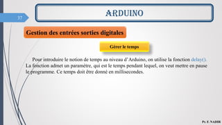 37
ARDUINO
Pr. F. NADIR
Pour introduire le notion de temps au niveau d’Arduino, on utilise la fonction delay().
La fonction admet un paramètre, qui est le temps pendant lequel, on veut mettre en pause
le programme. Ce temps doit être donné en millisecondes.
Gérer le temps
Gestion des entrées sorties digitales
 