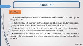 51
Exercice
Un capteur de température mesure la température d’un four entre (0°C à 100°C) qui est
l’image de 0 à 5V :
 Si la température est supérieure à 80°C, allumer une LED rouge, afficher le message :
« Le four est chaud », au niveau du moniteur série et allumer Led Rouge.
 Si la température est inférieure à 20°C, allumer une LED bleu, afficher le message :
« Le four est froid », au niveau du moniteur série et allumer Led Bleu.
 Si la température est compris entre 20°C et 80°C, allumer une LED verte, afficher le
message : « La température du four est moyenne», au niveau du moniteur série et allumer
Led Verte.
Pr. F. NADIR
ARDUINO
 
