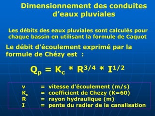 Dimensionnement des conduites
d’eaux pluviales
Les débits des eaux pluviales sont calculés pour
chaque bassin en utilisant la formule de Caquot
Le débit d’écoulement exprimé par la
formule de Chézy est :
Qp = Kc * R3/4 * I1/2
v = vitesse d’écoulement (m/s)
Kc = coefficient de Chezy (K=60)
R = rayon hydraulique (m)
I = pente du radier de la canalisation
 