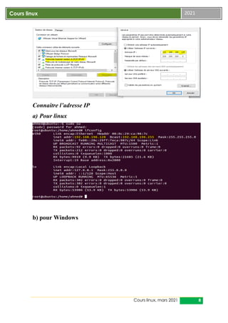 Cours linux, mars 2021 8
Cours linux 2021
Connaitre l’adresse IP
a) Pour linux
b) pour Windows
 