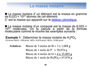 20
La masse molaire
 La masse molaire d’un élément est la masse en gramme
de 6,023 × 1023 atomes de cet élément.
C’est la masse qui apparaît sur le tableau périodique.
 La masse molaire d’un composé est la masse de 6,023 ×
1023 molécules. On la calcule à partir de la formule
moléculaire comme le montre les exemples suivants :
Exemple 1 : Déterminer la masse molaire de H3PO4.
On donne: M(H)= 1,008 g/mol ; M(P)= 30,974 g/mol ; M(O)= 15,995 g/mol
 