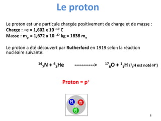Le proton est une particule chargée positivement de charge et de masse :
Charge : +e = 1,602 x 10 -19 C
Masse : mp = 1,672 x 10 -27 kg = 1838 me
Le proton a été découvert par Rutherford en 1919 selon la réaction
nucléaire suivante:
14
7N + 4
2He -----------> 17
8O + 1
1H (1
1H est noté H+)
Proton = p+
8
Le proton
 