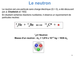 Le neutron
Le neutron est une particule sans charge électrique (Q = 0), a été découvert
par J. Chadwick en 1932.
En étudiant certaines réactions nucléaires, il observa un rayonnement de
particules neutres:
1
0n= Neutron
Masse d'un neutron : mn = 1,674 x 10-27 kg = 1838 me
9
 
