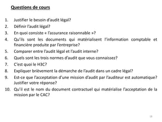 Questions de cours
1. Justifier le besoin d’audit légal?
2. Définir l’audit légal?
3. En quoi consiste « l’assurance raisonnable »?
4. Qu’ils sont les documents qui matérialisent l’information comptable et
financière produite par l’entreprise?
5. Comparer entre l’audit légal et l’audit interne?
6. Quels sont les trois normes d’audit que vous connaissez?
7. C’est quoi le H3C?
8. Expliquer brièvement la démarche de l’audit dans un cadre légal?
9. Est-ce que l’acceptation d’une mission d’audit par l’auditeur est automatique?
Justifier votre réponse?
10. Qu’il est le nom du document contractuel qui matérialise l’acceptation de la
mission par le CAC?
18
 