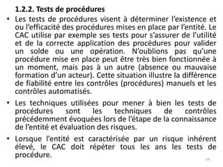 1.2.2. Tests de procédures
• Les tests de procédures visent à déterminer l’existence et
ou l’efficacité des procédures mises en place par l’entité. Le
CAC utilise par exemple ses tests pour s’assurer de l’utilité
et de la correcte application des procédures pour valider
un solde ou une opération. N’oublions pas qu’une
procédure mise en place peut être très bien fonctionnée à
un moment, mais pas à un autre (absence ou mauvaise
formation d’un acteur). Cette situation illustre la différence
de fiabilité entre les contrôles (procédures) manuels et les
contrôles automatisés.
• Les techniques utilisées pour mener à bien les tests de
procédures sont les techniques de contrôles
précédemment évoquées lors de l’étape de la connaissance
de l’entité et évaluation des risques.
• Lorsque l’entité est caractérisée par un risque inhérent
élevé, le CAC doit répéter tous les ans les tests de
procédure. 64
 