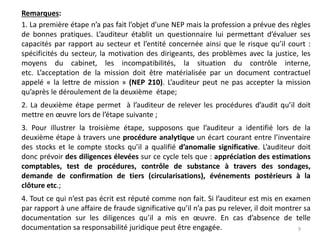 Remarques:
1. La première étape n’a pas fait l’objet d’une NEP mais la profession a prévue des règles
de bonnes pratiques. L’auditeur établit un questionnaire lui permettant d’évaluer ses
capacités par rapport au secteur et l’entité concernée ainsi que le risque qu’il court :
spécificités du secteur, la motivation des dirigeants, des problèmes avec la justice, les
moyens du cabinet, les incompatibilités, la situation du contrôle interne,
etc. L’acceptation de la mission doit être matérialisée par un document contractuel
appelé « la lettre de mission » (NEP 210). L’auditeur peut ne pas accepter la mission
qu’après le déroulement de la deuxième étape;
2. La deuxième étape permet à l’auditeur de relever les procédures d’audit qu’il doit
mettre en œuvre lors de l’étape suivante ;
3. Pour illustrer la troisième étape, supposons que l’auditeur a identifié lors de la
deuxième étape à travers une procédure analytique un écart courant entre l’inventaire
des stocks et le compte stocks qu’il a qualifié d’anomalie significative. L’auditeur doit
donc prévoir des diligences élevées sur ce cycle tels que : appréciation des estimations
comptables, test de procédures, contrôle de substance à travers des sondages,
demande de confirmation de tiers (circularisations), événements postérieurs à la
clôture etc.;
4. Tout ce qui n’est pas écrit est réputé comme non fait. Si l’auditeur est mis en examen
par rapport à une affaire de fraude significative qu’il n’a pas pu relever, il doit montrer sa
documentation sur les diligences qu’il a mis en œuvre. En cas d’absence de telle
documentation sa responsabilité juridique peut être engagée. 9
 