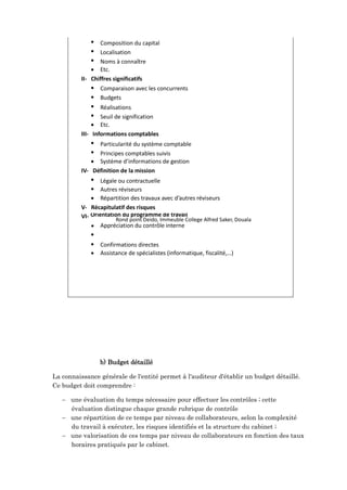  Composition du capital
 Localisation
 Noms à connaître
 Etc.
II- Chiffres significatifs
 Comparaison avec les concurrents
 Budgets
 Réalisations
 Seuil de signification
 Etc.
III- Informations comptables
 Particularité du système comptable
 Principes comptables suivis
 Système d’informations de gestion
IV- Définition de la mission
 Légale ou contractuelle
 Autres réviseurs
 Répartition des travaux avec d’autres réviseurs
V- Récapitulatif des risques
VI- Orientation du programme de travail

Rond point Deido, Immeuble College Alfred Saker, Douala
Appréciation du contrôle interne

 Confirmations directes
 Assistance de spécialistes (informatique, fiscalité,…)
b) Budget détaillé
La connaissance générale de l'entité permet à l'auditeur d'établir un budget détaillé.
Ce budget doit comprendre :
 une évaluation du temps nécessaire pour effectuer les contrôles ; cette
évaluation distingue chaque grande rubrique de contrôle
 une répartition de ce temps par niveau de collaborateurs, selon la complexité
du travail à exécuter, les risques identifiés et la structure du cabinet ;
 une valorisation de ces temps par niveau de collaborateurs en fonction des taux
horaires pratiqués par le cabinet.
 