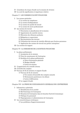 II- L’incidence du risque d’audit sur la mission de révision
III- Le seuil de signification et importance relative
Chapitre V : LES NORMES D’AUDIT FINANCIER
I- Les normes générales
1) La norme de compétence
2) La norme d’indépendance
3) La norme de qualité de travail
4) La norme de secret professionnel
II- Les normes de travail
1) Orientation et planification de la mission
2) Appréciation du contrôle interne
3) Obtention des éléments probants
4) Délégation et supervision
5) Documentation des travaux
6) Utilisation des travaux de contrôle effectués par d’autres personnes
7) Application des normes de travail aux petites entreprises
III- Les normes de rapport
Chapitre VI : LA DEMARCHE DE L’AUDITEUR FINANCIER
I- La phase préliminaire
1) Acceptation de la mission
2) Prise de connaissance de l’entreprise
3) Synthèse de la phase préliminaire
a) Note d’orientation générale
b) Budget détaillé
c) Lettre de mission
II- L’appréciation du contrôle interne
III- Contrôle des comptes
IV-Travaux de fin de mission et rapport d’audit
1) Travaux de fin de mission
a) Un examen d’ensemble des comptes annuels
b) Evénements postérieurs à la clôture
c) Lettre d’affirmation
2) Le rapport d’audit
Chapitre VII : LA PRISE DE CONNAISSANCE GENERALE DE L’ENTREPRISE
I- Information s générales
1) Identification de la société
2) Bref historique de l’entreprise
3) Situation de l’entreprise dans la branche d’activité économique
4) Politique du personnel
5) Organigramme et administration de l’entreprise
II- Les caractéristiques techniques
1) Les problèmes d’approvisionnement
 