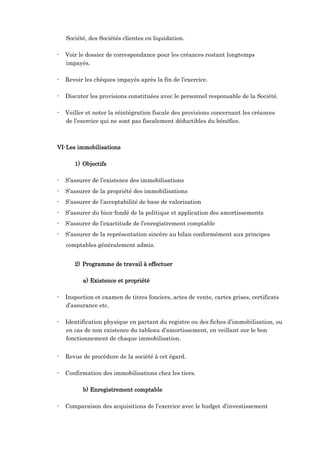 Société, des Sociétés clientes en liquidation.
- Voir le dossier de correspondance pour les créances restant longtemps
impayés.
- Revoir les chèques impayés après la fin de l’exercice.
- Discuter les provisions constituées avec le personnel responsable de la Société.
- Veiller et noter la réintégration fiscale des provisions concernant les créances
de l’exercice qui ne sont pas fiscalement déductibles du bénéfice.
VI-Les immobilisations
1) Objectifs
- S’assurer de l’existence des immobilisations
- S’assurer de la propriété des immobilisations
- S’assurer de l’acceptabilité de base de valorisation
- S’assurer du bien-fondé de la politique et application des amortissements
- S’assurer de l’exactitude de l’enregistrement comptable
- S’assurer de la représentation sincère au bilan conformément aux principes
comptables généralement admis.
2) Programme de travail à effectuer
a) Existence et propriété
- Inspection et examen de titres fonciers, actes de vente, cartes grises, certificats
d’assurance etc.
- Identification physique en partant du registre ou des fiches d’immobilisation, ou
en cas de non existence du tableau d’amortissement, en veillant sur le bon
fonctionnement de chaque immobilisation.
- Revue de procédure de la société à cet égard.
- Confirmation des immobilisations chez les tiers.
b) Enregistrement comptable
- Comparaison des acquisitions de l’exercice avec le budget d’investissement
 