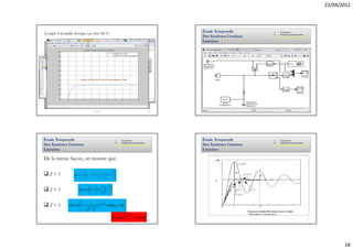 23/04/2012



                                                                                                      Étude Temporelle        1.   Cas général
Exemple d’un modèle électrique (cas d’un MCC)                                                                                 2.   Systèmes du premier ordre
                                                                                                      Des Systèmes Continus   3.   Systèmes du deuxième ordre

                                                                                                      Linéaires




                                      ESPRIT                                                     69                                                             70




Étude Temporelle                                               1.   Cas général                       Étude Temporelle        1.   Cas général
                                                               2.   Systèmes du premier ordre                                 2.   Systèmes du premier ordre
Des Systèmes Continus                                          3.   Systèmes du deuxième ordre        Des Systèmes Continus   3.   Systèmes du deuxième ordre

Linéaires                                                                                             Linéaires

De la même façon, on montre que:

                                       −
                                           t
                                                   −
                                                     t
                                                           
                                    τ e τ1 − τ 2 e τ 2    
    ξ>1              y (t ) = k  1 − 1
                                          τ1 −τ2
                                                           
                                
                                                          
                                                           
                                                          

                                     t −        t
                                                       
    ξ=1                  y(t ) = k 1 − 1 + e τ
                                     τ
                                                       
                                                       
                                                      

                                 1                             
    ξ<1          y (t ) = k 1 −       e −ζ ωnt sin(ω p t + ϕ ) 
                                1−ζ 2                          
                                                               
                                                                        1−ζ 2
                                                       ϕ = arctg                 = arccosζ
                                                                          ζ                      71                                                             72




                                                                                                                                                                            18
 