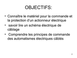 2
OBJECTIFS:
• Connaître le matériel pour la commande et
la protection d’un actionneur électrique
• savoir lire un schéma électrique de
câblage
• Comprendre les principes de commande
des automatismes électriques câblés
 
