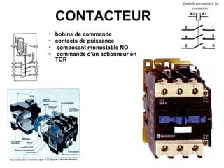 6
CONTACTEUR
• bobine de commande
• contacts de puissance
• composant monostable NO
• commande d’un actionneur en
TOR
Symbole normalisé d’un
contacteur
 