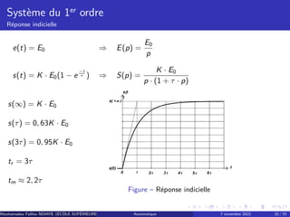 Système du 1er ordre
Réponse indicielle
e(t) = E0 ⇒ E(p) =
E0
p
s(t) = K · E0(1 − e
−t
τ ) ⇒ S(p) =
K · E0
p · (1 + τ · p)
s(∞) = K · E0
s(τ) = 0, 63K · E0
s(3τ) = 0, 95K · E0
tr = 3τ
tm ≈ 2, 2τ
Figure – Réponse indicielle
Mouhamadou Falilou NDIAYE (ÉCÔLE SUPÉRIEURE POLYTECHNIQUE DE DAKAR)
Automatique 7 novembre 2022 32 / 70
 