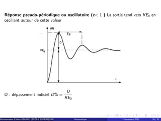 Réponse pseudo-périodique ou oscillatoire (z 1 ) La sortie tend vers KE0 en
oscillant autour de cette valeur
D : dépassement indiciel D% =
D
KE0
Mouhamadou Falilou NDIAYE (ÉCÔLE SUPÉRIEURE POLYTECHNIQUE DE DAKAR)
Automatique 7 novembre 2022 35 / 70
 