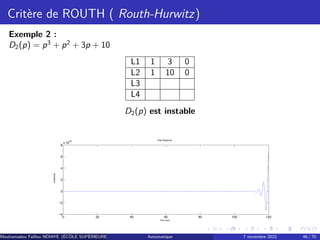 Critère de ROUTH ( Routh-Hurwitz)
Exemple 2 :
D2(p) = p3
+ p2
+ 3p + 10
L1 1 3 0
L2 1 10 0
L3
L4
D2(p) est instable
0 20 40 60 80 100 120
−4
−2
0
2
4
6
8
x 10
24 Step Response
Time (sec)
Amplitude
Mouhamadou Falilou NDIAYE (ÉCÔLE SUPÉRIEURE POLYTECHNIQUE DE DAKAR)
Automatique 7 novembre 2022 46 / 70
 