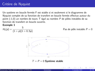 Critère de Nyquist
Un système en boucle fermée F est stable si et seulement si le diagramme de
Nyquist complet de sa fonction de transfert en boucle fermée effectue autour du
point (-1,0) un nombre de tours T égal au nombre P de pôles instables de sa
fonction de transfert en boucle ouverte.
Exemple 1
H1(p) =
5
(1 + p)(1 + 0, 5p)
Pas de pôle instable P = 0
−1 0 1 2 3 4 5
−4
−3
−2
−1
0
1
2
3
4
0 dB
−10 dB
−6 dB
−4 dB
−2 dB
10 dB
6 dB
4 dB
2 dB
Nyquist Diagram
Real Axis
Imaginary
Axis
T = P = 0 Système stable
Mouhamadou Falilou NDIAYE (ÉCÔLE SUPÉRIEURE POLYTECHNIQUE DE DAKAR)
Automatique 7 novembre 2022 47 / 70
 