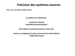 Précision des systèmes asservis
Le système est sollicité par:
• variations d’entrée
•Variations de perturbations
Pour obtenir une bonne précision, il faut soit:
•Insérer un intégrateur le plus en amont de la chaîne directe
• Augmenter le gain
 