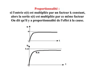 Proportionnalité :
si l'entrée e(t) est multipliée par un facteur k constant,
alors la sortie s(t) est multipliée par ce même facteur
On dit qu'il y a proportionnalité de l'effet à la cause.
 