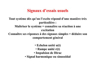 Signaux d’essais usuels
Tout système dès qu’on l’excite répond d’une manière très
particulière :
Maîtriser le système = connaître sa réaction à une
excitation
Connaître ses réponses à des signaux simples = déduire son
comportement général
• Echelon unité u(t)
• Rampe unité r(t)
• Impulsion de Dirac
• Signal harmonique ou sinusoïdal
 