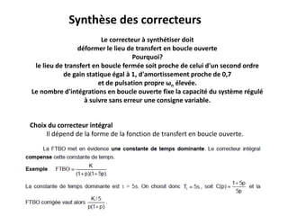 Synthèse des correcteurs
Le correcteur à synthétiser doit
déformer le lieu de transfert en boucle ouverte
Pourquoi?
le lieu de transfert en boucle fermée soit proche de celui d'un second ordre
de gain statique égal à 1, d'amortissement proche de 0,7
et de pulsation propre ωn élevée.
Le nombre d'intégrations en boucle ouverte fixe la capacité du système régulé
à suivre sans erreur une consigne variable.
Choix du correcteur intégral
Il dépend de la forme de la fonction de transfert en boucle ouverte.
 