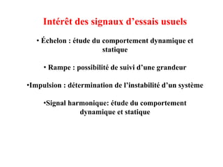 Intérêt des signaux d’essais usuels
• Échelon : étude du comportement dynamique et
statique
• Rampe : possibilité de suivi d’une grandeur
•Impulsion : détermination de l’instabilité d’un système
•Signal harmonique: étude du comportement
dynamique et statique
 