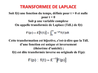 TRANSFORMEE DE LAPLACE
Soit f(t) une fonction du temps, définie pour t > 0 et nulle
pour t < 0
Soit p une variable complexe
On appelle transformée de Laplace (TdL) de f(t)
Cette transformation est bijective, c'est-à-dire que la TdL
d’une fonction est unique et inversement
(théorème d’unicité) ;
f(t) est dite transformée inverse ou originale de F(p):
 