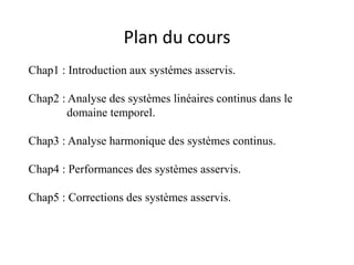 Plan du cours
Chap1 : Introduction aux systémes asservis.
Chap2 : Analyse des systèmes linéaires continus dans le
domaine temporel.
Chap3 : Analyse harmonique des systèmes continus.
Chap4 : Performances des systèmes asservis.
Chap5 : Corrections des systèmes asservis.
 