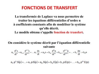 FONCTIONS DE TRANSFERT
La transformée de Laplace va nous permettre de
traiter les équations différentielles d’ordre n
à coefficients constants afin de modéliser le système
qu’elle décrit.
Le modèle obtenu s’appelle fonction de transfert.
On considère le système décrit par l’équation différentielle
suivante
 