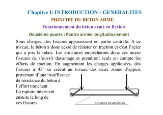 Sous charges, des fissures apparaissent en partie centrale. A ce
niveau, le béton a donc cessé de résister en traction et c'est l’acier
qui a pris le relais. Les armatures empêcheront donc ces micro
fissures de s’ouvrir davantage et prendront seuls en compte les
Chapitre I: INTRODUCTION - GENERALITES
Deuxième poutre : Poutre armée longitudinalement
PRINCIPE DU BETON ARME
Fonctionnement du béton armé en flexion
fissures de s’ouvrir davantage et prendront seuls en compte les
efforts de traction. En augmentant les charges appliquées, des
fissures à 45° se créent au niveau des deux zones d’appuis
provenant d’une insuffisance
de résistance du béton à
l’effort tranchant.
La rupture intervient
ensuite le long de
ces fissures.
 