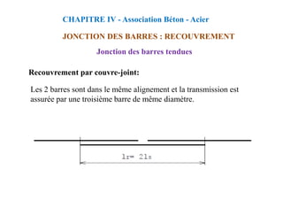 Recouvrement par couvre-joint:
Les 2 barres sont dans le même alignement et la transmission est
assurée par une troisième barre de même diamètre.
CHAPITRE IV - Association Béton - Acier
JONCTION DES BARRES : RECOUVREMENT
Jonction des barres tendues
assurée par une troisième barre de même diamètre.
 