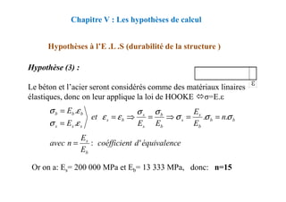 Hypothèses à l’E .L .S (durabilité de la structure )
Chapitre V : Les hypothèses de calcul
Hypothèse (3) :
Le béton et l’acier seront considérés comme des matériaux linaires
élastiques, donc on leur applique la loi de HOOKE σ=E.ε
élastiques, donc on leur applique la loi de HOOKE σ=E.ε
e
équivalenc
d
t
coéfficien
E
E
n
avec
n
E
E
E
E
et
E
E
b
s
b
b
b
s
s
b
b
s
s
b
s
s
s
s
b
b
b
'
:
.
.
.
.
=
=
=
⇒
=
⇒
=
=
=
σ
σ
σ
σ
σ
ε
ε
ε
σ
ε
σ
Or on a: Es= 200 000 MPa et Eb= 13 333 MPa, donc: n=15
 