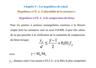 Pour les poutres à sections rectangulaires soumises à la flexion
simple dont les armatures sont en acier FeE400, il peut être admis
de ne pas procéder à la vérification de la contrainte de compression
Hypothèses à l’E .L .S de compression du béton
Chapitre V : Les hypothèses de calcul
Hypothèses à l’E .L .S (durabilité de la structure )
de ne pas procéder à la vérification de la contrainte de compression
du béton lorsque:
avec: γ = Mu/Ms
yu : distance entre l’axe neutre à I'E.L.U. et la fibre la plus comprimée
cj
u
f
d
y
01
,
0
2
1
+
−
≤
γ
 