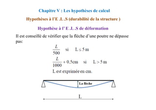 Il est conseillé de vérifier que la flèche d’une poutre ne dépasse
pas:
Chapitre V : Les hypothèses de calcul
Hypothèses à l’E .L .S (durabilité de la structure )
Hypothèse à l’ E .L .S de déformation
 