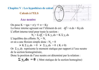 On pose K = tgα = σ/y σ = Ky
La force interne agissant sur l’élément ds est: d = σ.ds = Ky.ds
L’effort interne total pour toute la section :
Ni = Σ d i = Σ K yi.ds = K Σ yi.ds
Chapitre V : Les hypothèses de calcul
Calculs à l’ELS
Axe neutre
Ni = Σ d i = Σ K yi.ds = K Σ yi.ds
L’équilibre des efforts: Ne = Ni
or on a une flexion simple donc : Ne = 0
K Σ yi.ds = 0 Σ yi.ds = 0 ( K ≠ 0)
Or Σ yi.ds représente le moment statique par rapport à l’axe neutre
de la section homogénéisée,
Donc la position de l’axe neutre est déterminé par la relation :
Σ yi.ds = 0 ( Mmt statique de la section homogène)
 