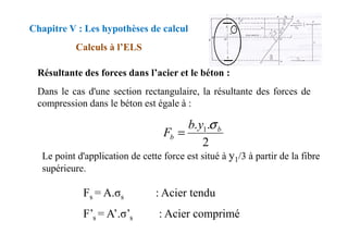 Résultante des forces dans l’acier et le béton :
Dans le cas d'une section rectangulaire, la résultante des forces de
compression dans le béton est égale à :
Chapitre V : Les hypothèses de calcul
Calculs à l’ELS
.
.y
b σ
Le point d'application de cette force est situé à y1/3 à partir de la fibre
supérieure.
2
.
. 1 b
b
y
b
F
σ
=
Fs = A.σs : Acier tendu
F’s = A’.σ’s : Acier comprimé
 