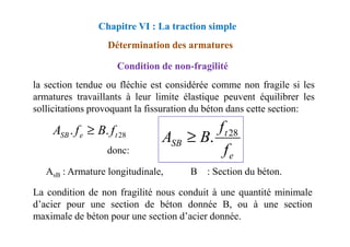Condition de non-fragilité
Détermination des armatures
la section tendue ou fléchie est considérée comme non fragile si les
armatures travaillants à leur limite élastique peuvent équilibrer les
sollicitations provoquant la fissuration du béton dans cette section:
Chapitre VI : La traction simple
.
. f
B
f
A ≥ f
AsB : Armature longitudinale, B : Section du béton.
La condition de non fragilité nous conduit à une quantité minimale
d’acier pour une section de béton donnée B, ou à une section
maximale de béton pour une section d’acier donnée.
28
.
. t
e
SB f
B
f
A ≥
e
t
SB
f
f
B
A 28
.
≥
donc:
 