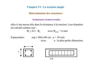 Armatures transversales
elles n’ont aucun rôle dans la résistance à la traction. Leur diamètre
est calculé comme suit :
Φt ≥ 0,3 . ΦL avec Φtmin = 6 mm
Chapitre VI : La traction simple
Détermination des armatures
Espacement : esp ≤ Min (40 cm ; a + 10 cm)
avec: a : la plus petite dimension.
 
