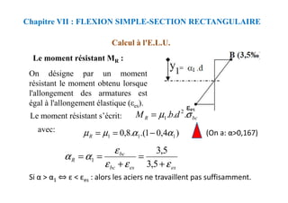 Le moment résistant MR :
On désigne par un moment
résistant le moment obtenu lorsque
l'allongement des armatures est
égal à l'allongement élastique (ε ).
Calcul à l'E.L.U.
Chapitre VII : FLEXION SIMPLE-SECTION RECTANGULAIRE
égal à l'allongement élastique (εes).
Si α > α1 ⇔ ε < εes : alors les aciers ne travaillent pas suffisamment.
(On a: α>0,167)
bc
R d
b
M σ
µ .
.
. 2
1
=
Le moment résistant s’écrit:
)
4
,
0
1
.(
.
8
,
0 1
1
1 α
α
µ
µ −
=
=
R
avec:
es
es
bc
bc
R
ε
ε
ε
ε
α
α
+
=
+
=
=
5
,
3
5
,
3
1
 